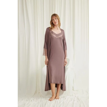 Dekolteli Yakası Ve Kolu Dantelli Sabahlık Takımı