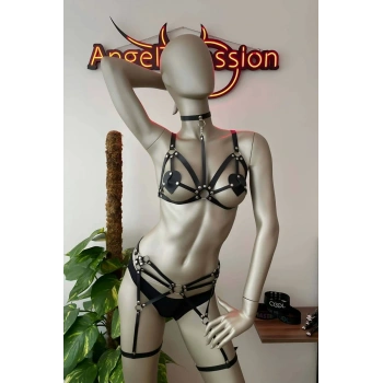 Deri Jartiyer Siyah Harness Takım - APFT451