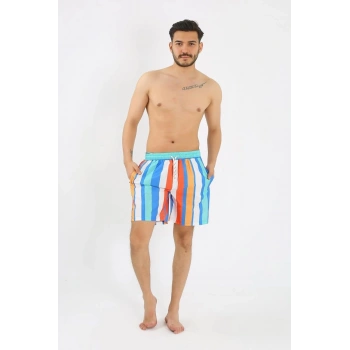 Erkek Desenli Fermuar Cepli Deniz Şortu Mavi
