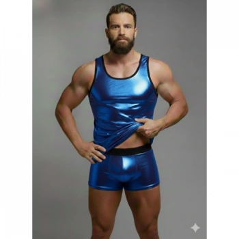 Erkek Mavi Lame Tank Top Boxer Takım