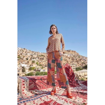 Etnik Desenli Saten Alt Üst Takım