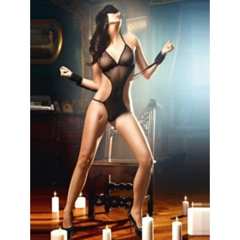 Fantezi Siyah Maskeli Kelepçeli Seksi Tül Gecelik