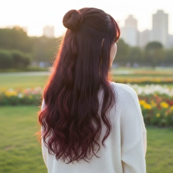 Fiber Sentetik Dalgalı Yarım Ay + 2 Yan Çıt Çıt - Koyu Kızıl