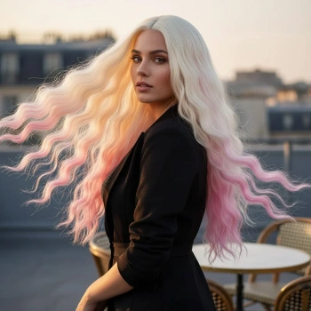 Fiber Sentetik Uzun Su Dalgası Peruk - Platin / Pembe Ombreli