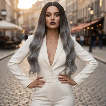 Fiber Sentetik Uzun Su Dalgası Peruk - Siyah Gri Ombreli