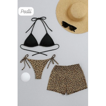 Kadın 3lü Set Siyah Ve Leopar Desenli Şortlu Yandan Bağlamalı Bikini Mayo Takımı