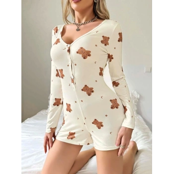 Kadın Bej Ayıcık Desenli Pijama Tulumu 5123