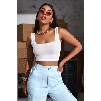 Kadın Beyaz Kalın Askılı Crop Top Büstiyer