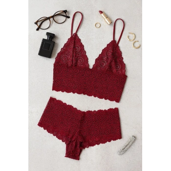 Kadın Bordo Dantel Bralet Şort Takımı – Asil Ve Sofistike İç Giyim