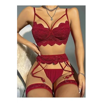 Kadın Bordo Dantel Detaylı Jartiyer Takım