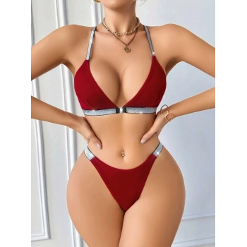 Kadın Bordo Love Yazılı Arkası Çarpraz Mayo Bikini 5169