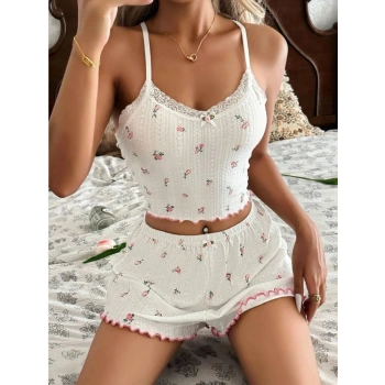 Kadın Çiçek Desenli Dantel Askılı Şortlu Pijama Takımı 5235