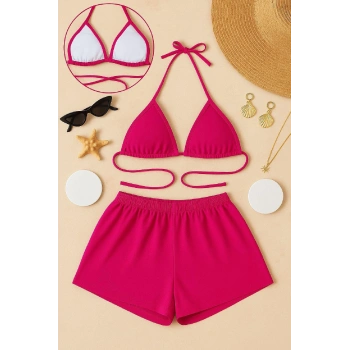 Kadın Fuşya Şortlu Belden Ve Boyundan Bağlamalı Bikini Takımı