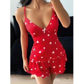 Kadın Kalp Desenli Şortlu Pijama Takımı Rahat Ve Şık Ev Giyim Seti