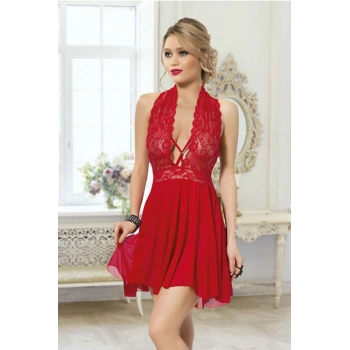 Kadın Kırmızı Çapraz Bağlı Kısa Tül Dantel Gecelik