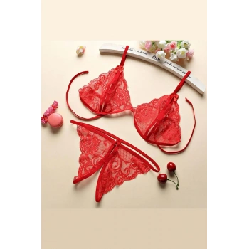 Kadın Kırmızı Dantelli Sütyen Külot Takımı