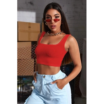 Kadın Kırmızı Kalın Askılı Crop Top Büstiyer