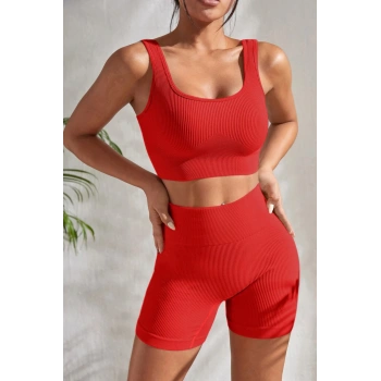 Kadın Kırmızı Kalın Askılı Yüksek Bel Şortlu Gecelik Takımı