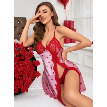 Kadın Kırmızı Kalp Desenli Saten Gecelik 2220