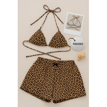 Kadın Leopar Desenli Şortlu Belden Ve Boyundan Bağlamalı Bikini Takımı