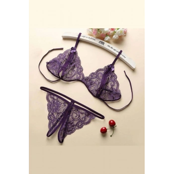 Kadın Mor Dantelli Sütyen Külot Takımı