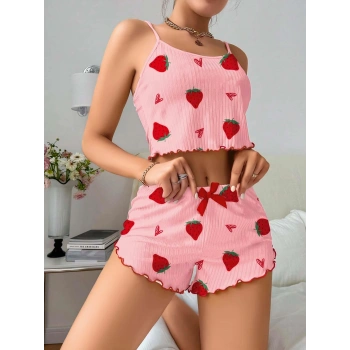 Kadın Pembe Çilek Desenli Şortlu Pijama Takımı 5056