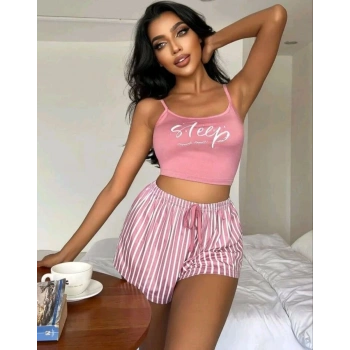 Kadın Pembe Çizgili Desen Askılı Şortlu Pijama Takımı Rahat Şık 2’li Set