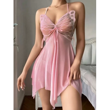 Kadın Pembe Kelebek Detaylı Tül Şık Tasarım Gecelik
