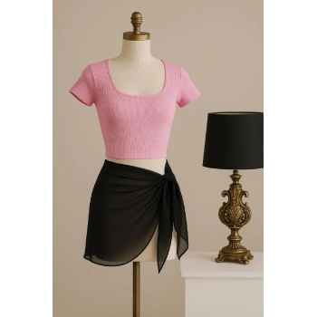 Kadın Pembe Yarım Kol Crop Ve Siyah Pareo 2li Set