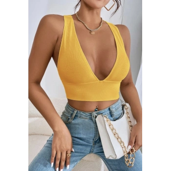 Kadın Sarı Çapraz Sırt Detaylı Şık Crop Top Büstiyer