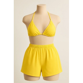 Kadın Sarı Şortlu Belden Ve Boyundan Bağlamalı Bikini Takımı