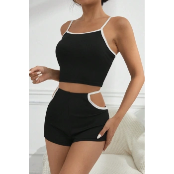 Kadın Siyah Beyaz Şortlu Cut-out Detaylı Gecelik Takımı