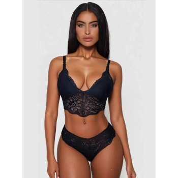 Kadın Siyah Dantel İşlemeli Bralet Slip Takımı Premium İç Giyim