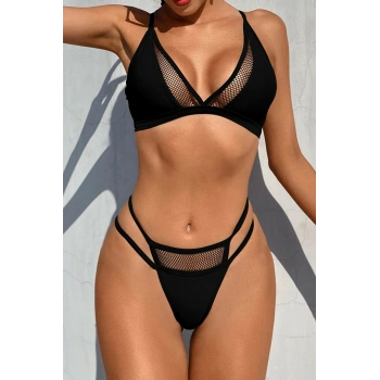 Kadın Siyah File Detaylı Özel Bikini Takımı
