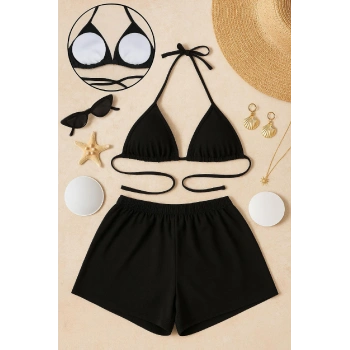 Kadın Siyah Şortlu Belden Ve Boyundan Bağlamalı Bikini Takımı