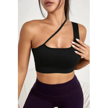 Kadın Siyah Tek Omuzlu Çapraz Askılı Crop Top Büstiyer