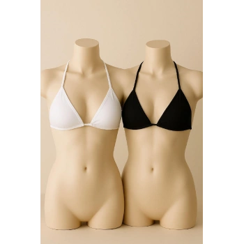 Kadın Siyah Ve Beyaz Minimal Kesim Üçgen Bikini Üstü