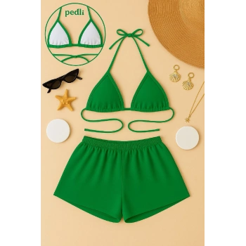 Kadın Yeşil Şortlu Belden Ve Boyundan Bağlamalı Bikini Takımı