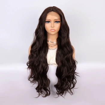 Kahverengi Uzun Dalgalı  Fiber Sentetik Tül Peruk