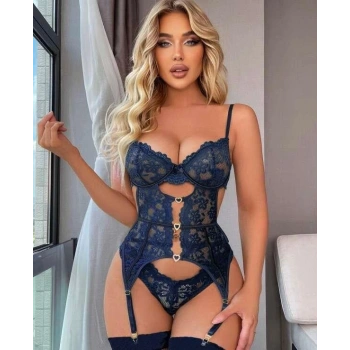 Kalp Aksesuarlı Dantelli Fantezi Mavi Jartiyer Takım