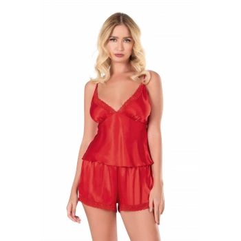 Kırmızı Saten Babydoll Şort Takımı