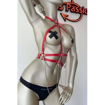 Kırmızı ve Zincir Detaylı Şık Deri Harness - APFT3