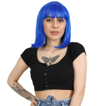 Küt Kahküllü Fiber Sentetik Peruk - Koyu Mavi
