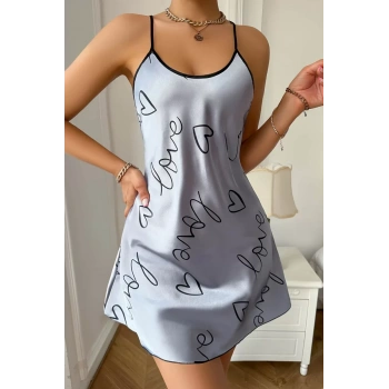 Love Baskılı Gri Saten Gecelik