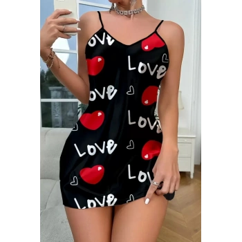 Love Desenli Siyah Saten Gecelik