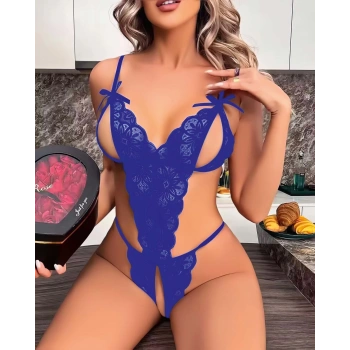 Mavi Dantel İşlemeli Özel Bölgesi Açık Fantezi Body