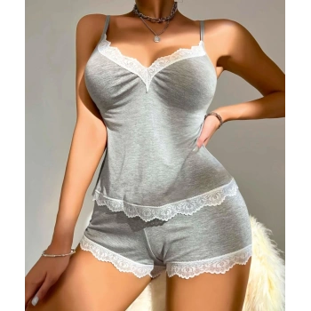Pamuklu Dantel İşlemeli Gri Askılı Şortlu Pijama Takımı