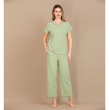 Pamuklu Şık Tasarım Dantel İşlemeli Yeşil Kısa Kol Pijama Takımı