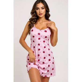 Pembe Çilek Desenli Askılı Kadın Gecelik