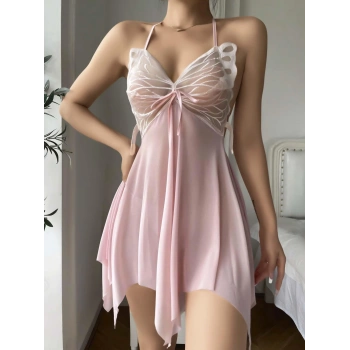 Pembe Kelebek İşlemeli Tül Fantezi Gecelik